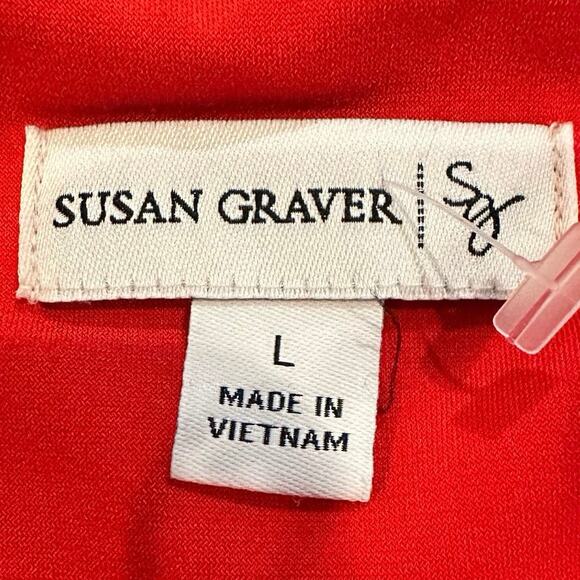 Susan Graver Womens Large Pullover Blouse Top Red Embellished Neck Layered Look - Picture 9 of 9